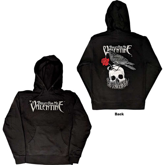 Black pullover hoodie with Bullet For My Valentine logo and raven back print.