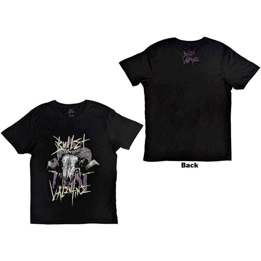 Black t-shirt with large ram skull graphic on the back, band logo.