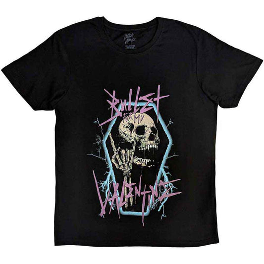 Black t-shirt with a white, stylized skull graphic; Bullet For My Valentine band logo.