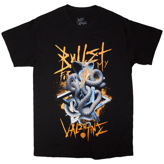 Black t-shirt with a wrapped cobra design, Bullet For My Valentine band logo.