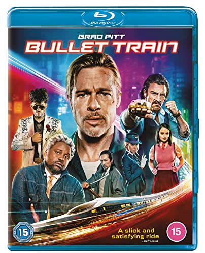 Bullet Train" Blu-ray cover featuring Brad Pitt and an ensemble cast.
