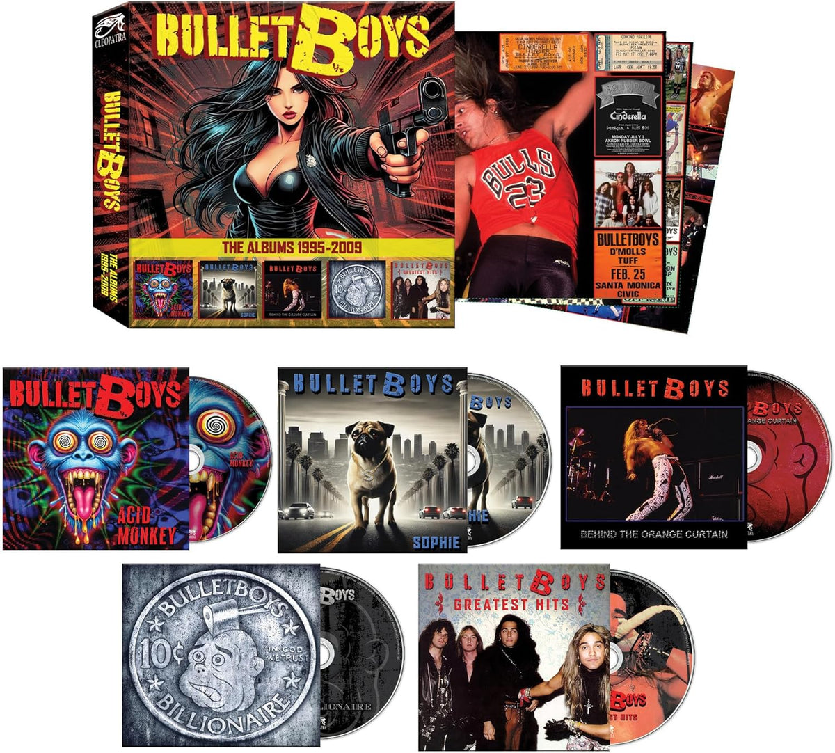 Bulletboys box set containing CDs, artwork, and concert memorabilia from 1995 to 2009.