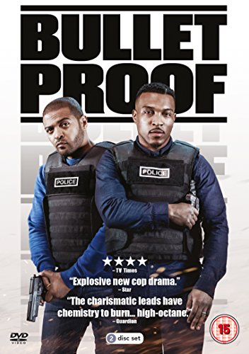 "DVD cover of 'Bulletproof' featuring two men in police vests holding guns."