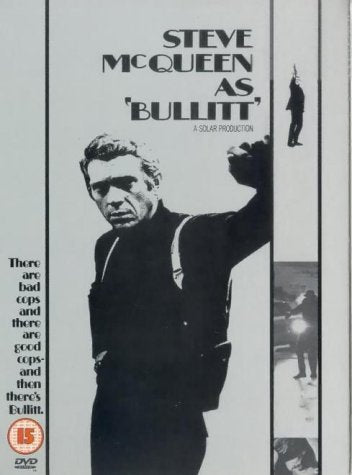 Black and white Bullitt DVD cover featuring Steve McQueen with a gun.