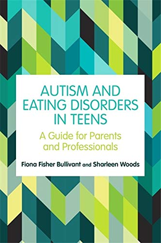 Book cover with geometric pattern and title: "Autism and Eating Disorders in Teens.