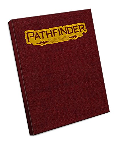 Red hardcover book with gold "Pathfinder Playtest" logo on the cover, against a white background.