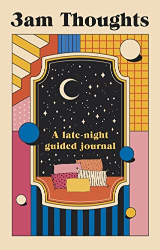 Journal cover with crescent moon, pillows, and geometric abstract design.