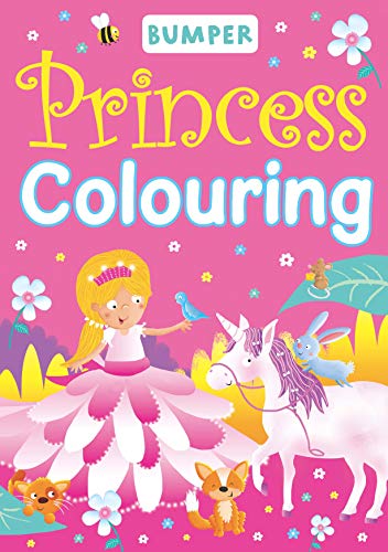 Princess colouring book cover with a blonde girl, unicorn, and animals.