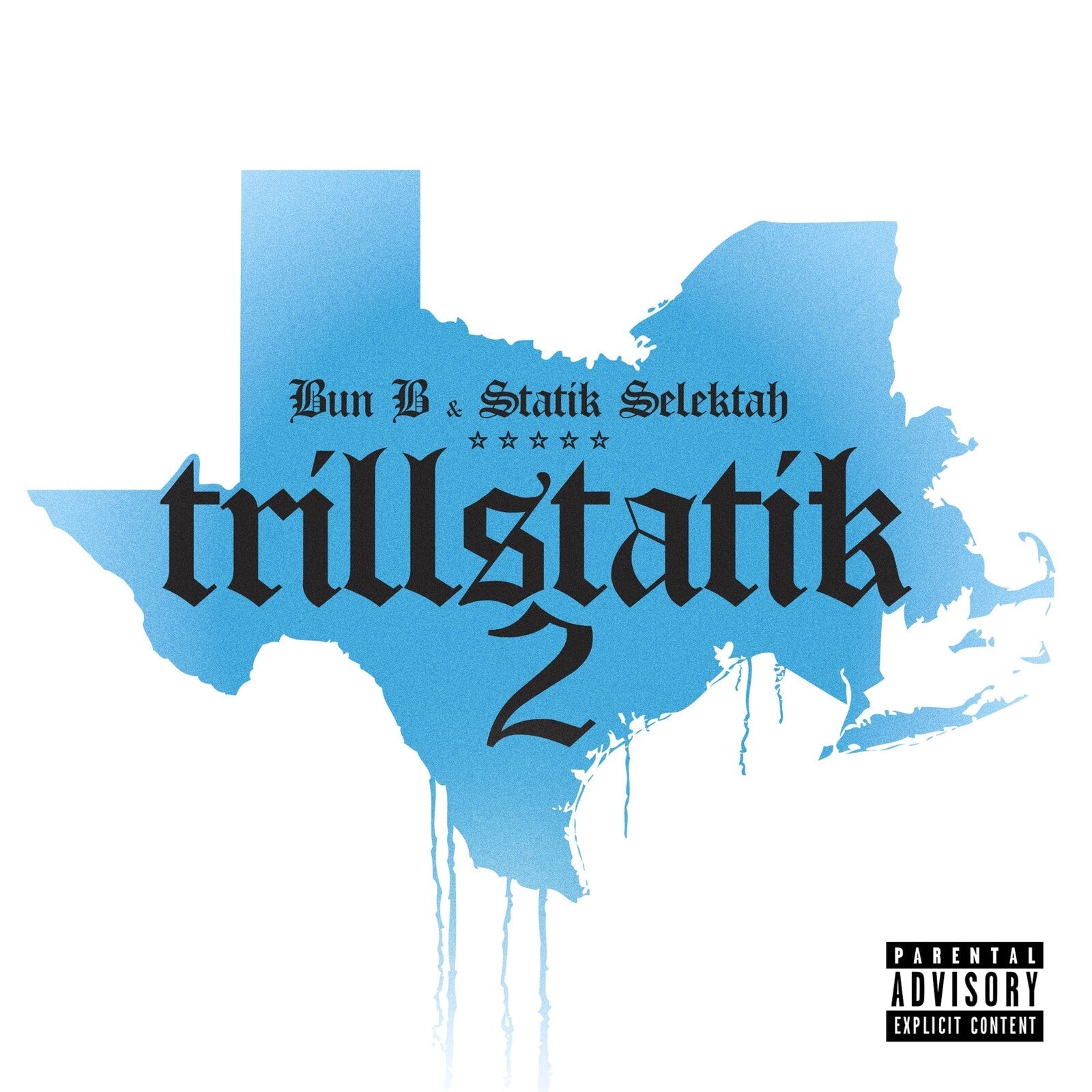 Album cover for Bun B & Statik Selektah’s “Trillstatik 2” featuring Texas and New York shapes.
