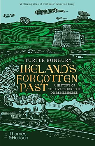 Book cover showing a steam train, a castle, and green hills in woodcut style.