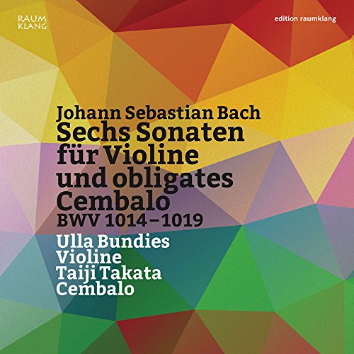 "Album cover with multicolored geometric shapes and text listing Johann Sebastian Bach's violin sonatas."