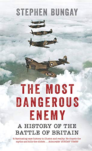 Book cover showing Spitfire planes flying over clouds with red and black text.