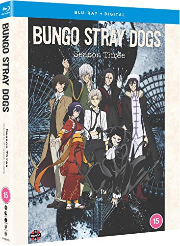 Blu-ray cover for “Bungo Stray Dogs: Season Three” featuring anime characters.