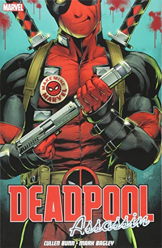 Deadpool with guns and swords, comic book cover, red and black suit.