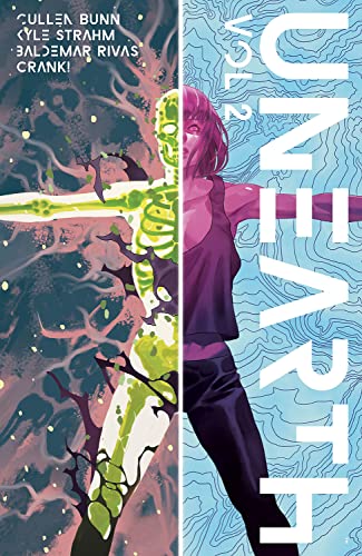 Comic book cover: woman with pink hair, split green and blue background.