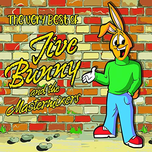Cartoon bunny and text on a brick wall background.