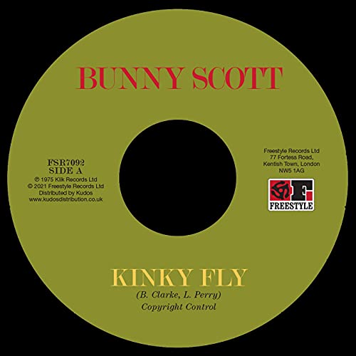 Olive green vinyl record label with red text: "Bunny Scott" and "Kinky Fly".