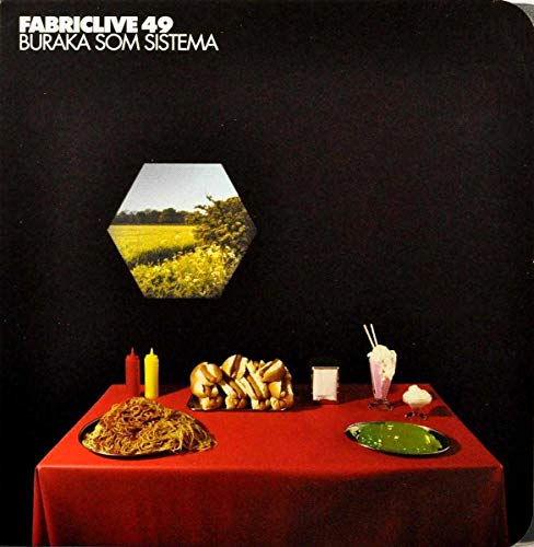 Album cover: dark background, red table with food and a landscape in a hexagon.