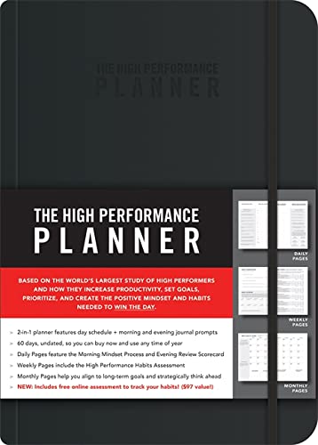 Black hardcover planner with a wide band featuring product details and page layout examples.