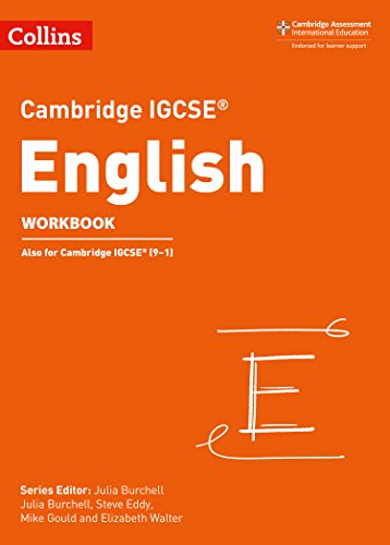 Orange workbook cover with "Cambridge IGCSE English" title and sketched letter E.