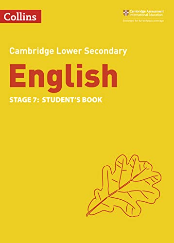 Yellow textbook cover with red text: "English Stage 7" and a leaf illustration.
