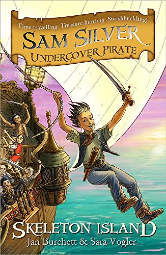 Boy pirate swinging from ship rigging, with crew visible in background.