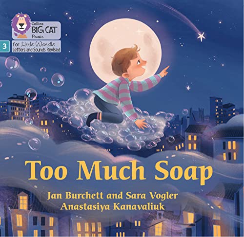 Book cover: a boy floats on bubbles towards a bright moon.