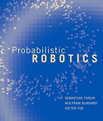 Book cover for Probabilistic Robotics featuring blue tones and abstract white particle patterns.
