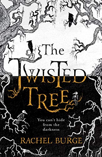 Book cover with twisted tree branches, crows, and skeleton, in black, white, and gold.