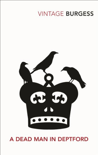 Book cover: black skull-crown with ravens, red title “A Dead Man in Deptford.”