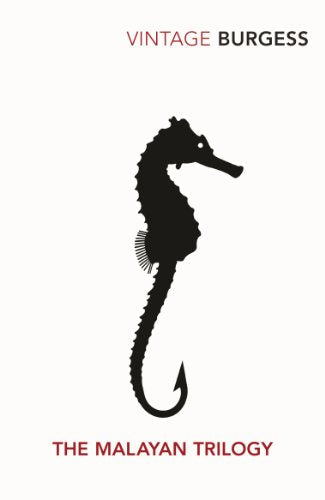 Book cover: white background, black seahorse silhouette, red text.