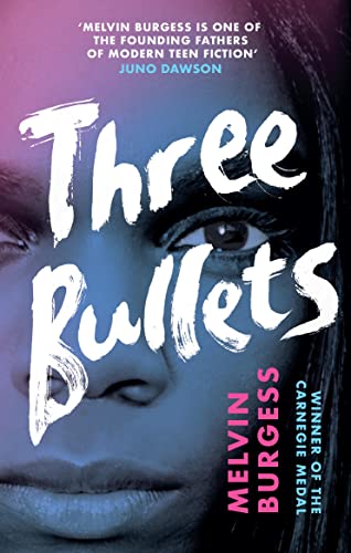 Book cover: "Three Bullets" with a close-up of an eye and pink background.