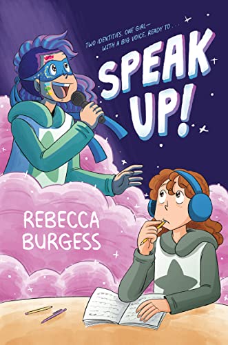 A girl writing at a desk looks up at her superhero alter ego singing.