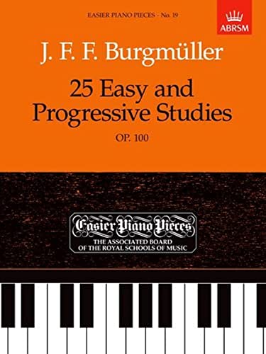 Music book cover for Burgmüller's 25 Easy and Progressive Studies with piano keys below.