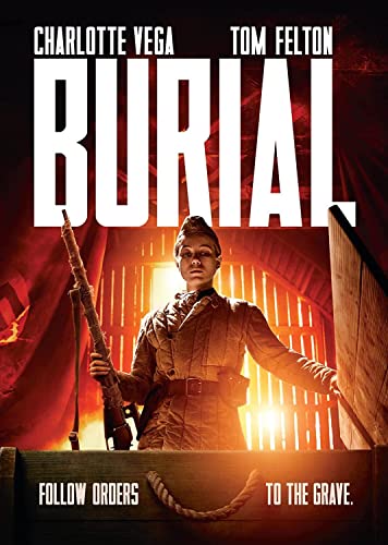 DVD cover for "Burial" featuring a woman in military uniform with a rifle.