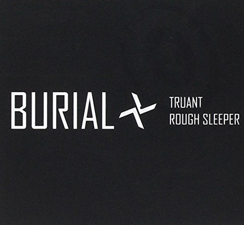 Burial album cover: white text on black background, abstract symbol.