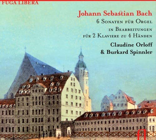 CD cover: Bach organ sonatas arranged for two pianos, church image.