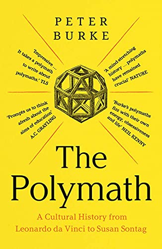 Book cover: “The Polymath” with a golden, geometric, interwoven cube design.