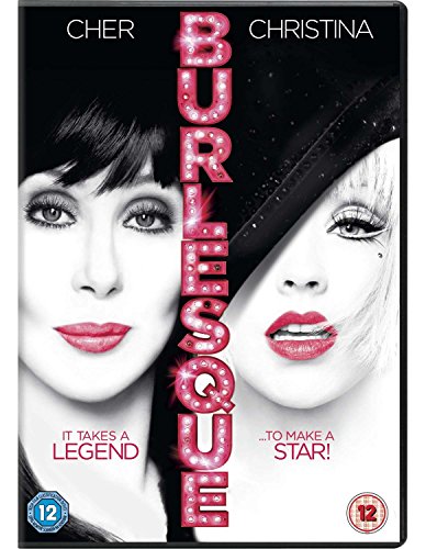 DVD cover featuring Cher and Christina Aguilera with the title Burlesque in pink lights.