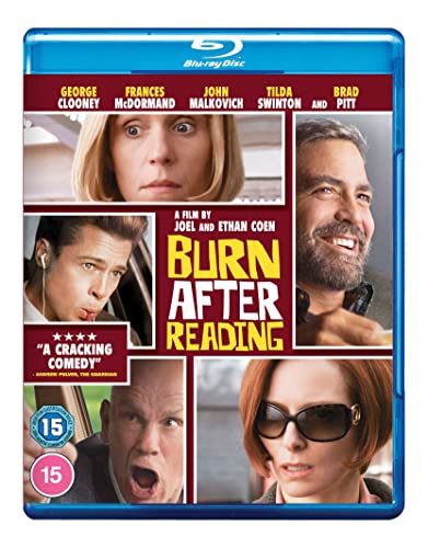 Burn After Reading" Blu-ray cover with cast photos and title text.