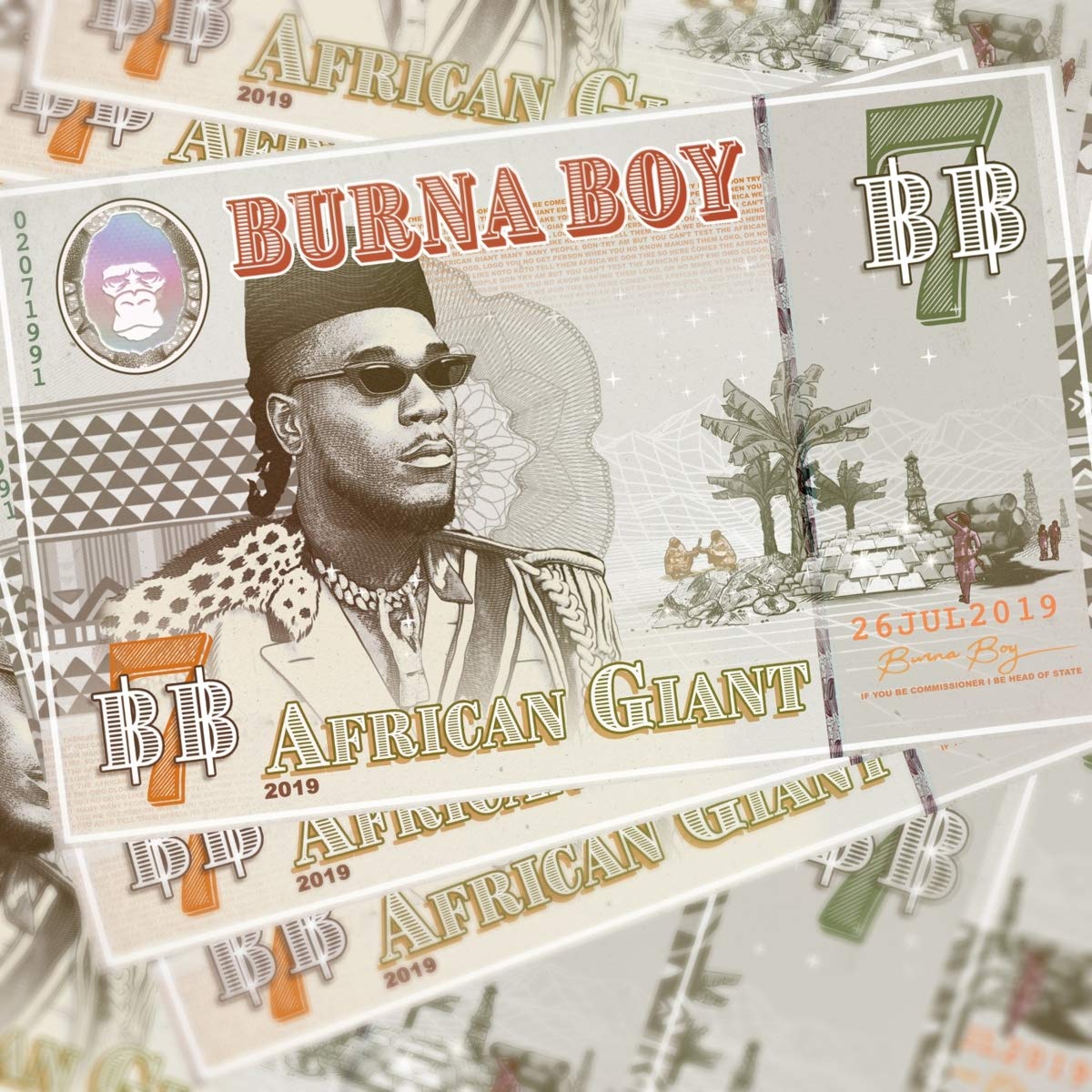 "Image shows multiple copies of Burna Boy's 'African Giant' CD cover artwork resembling banknotes."