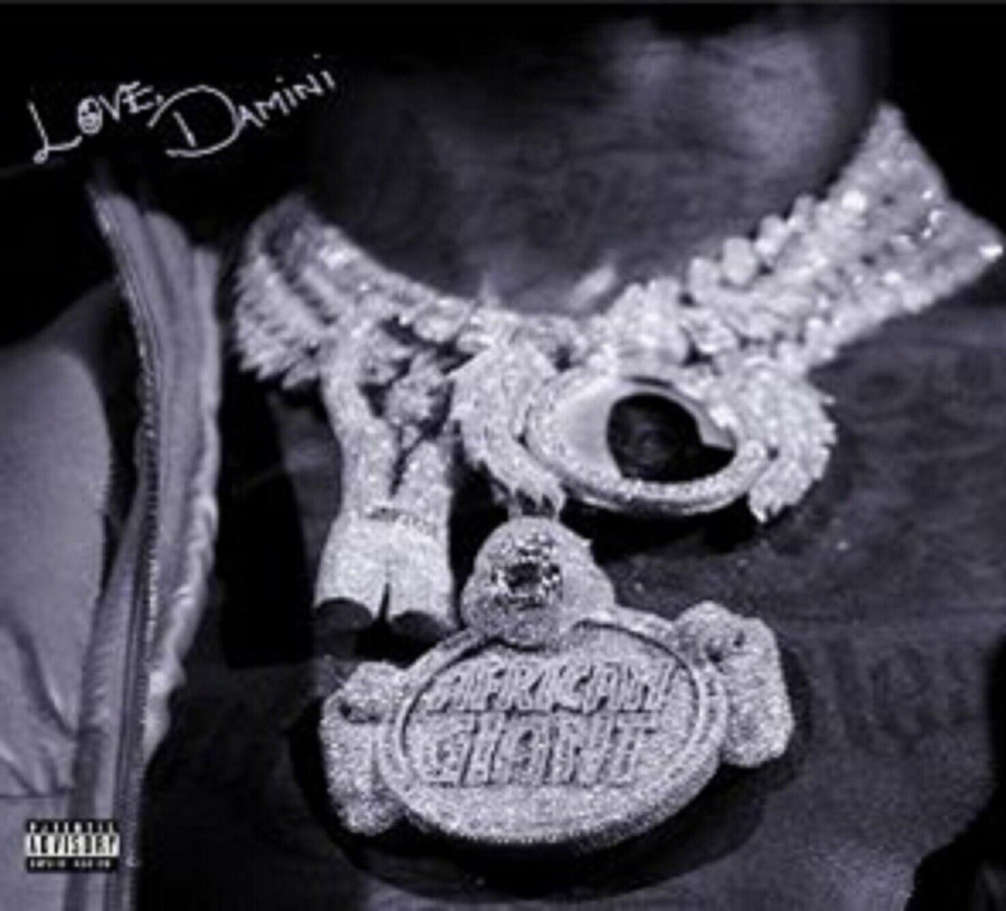 "Black and white album cover featuring a man wearing diamond-encrusted necklaces and 'Love, Damini' text."