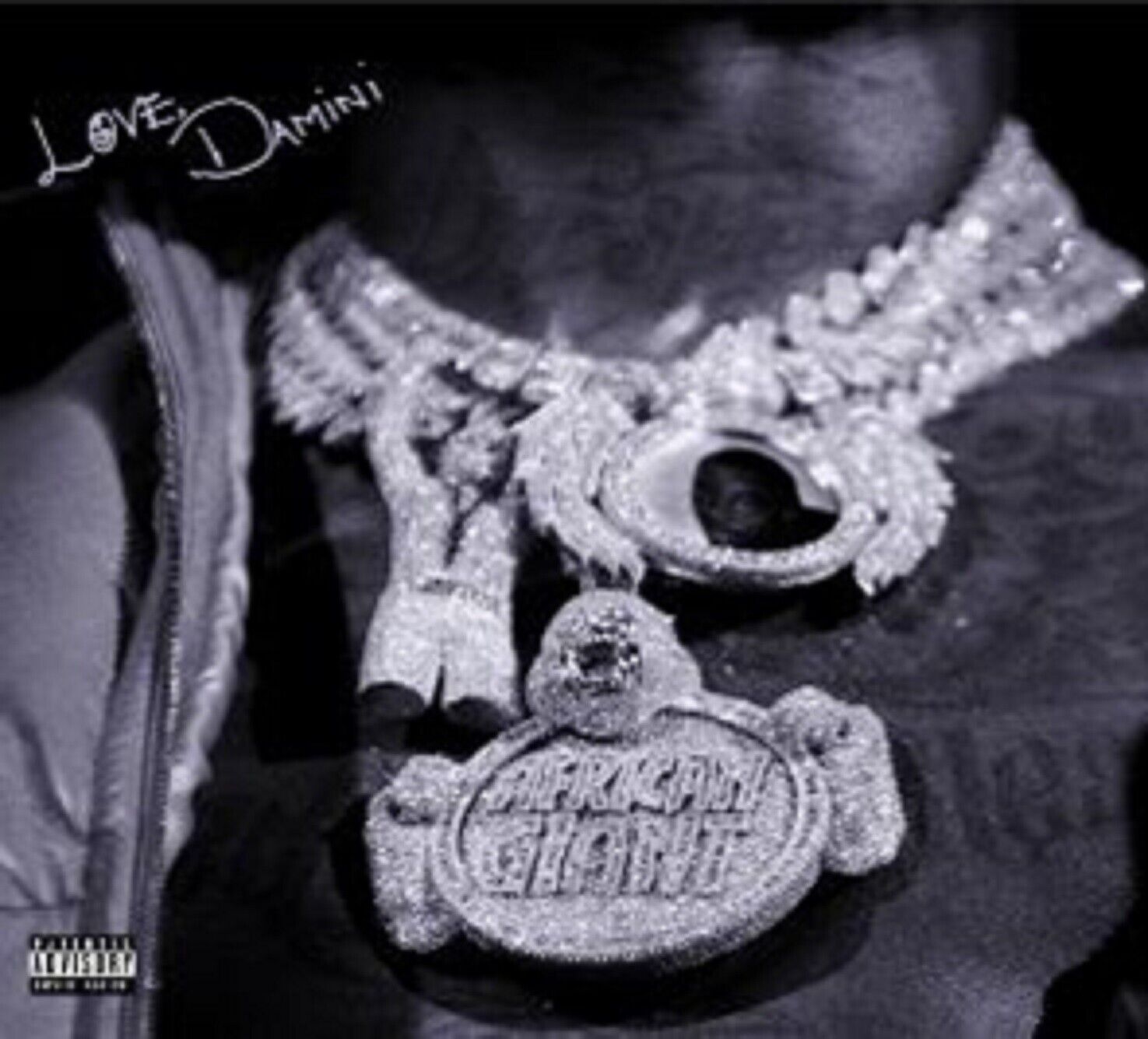 "Black and white album cover featuring a man wearing diamond-encrusted necklaces and 'Love, Damini' text."