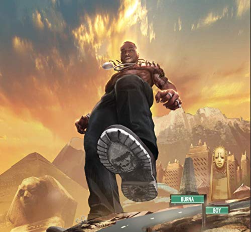 Burna Boy album cover: large figure over desert landscape and pyramids.