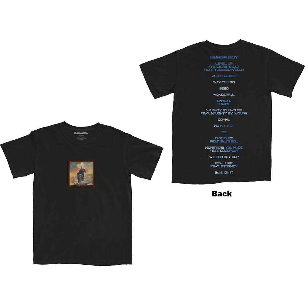 Black unisex t-shirt featuring a list of Burna Boy album tracks printed on back.