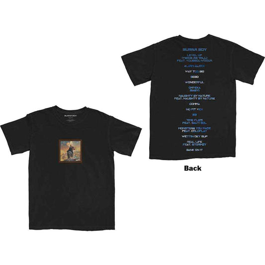 Black unisex t-shirt featuring a list of Burna Boy album tracks printed on back.