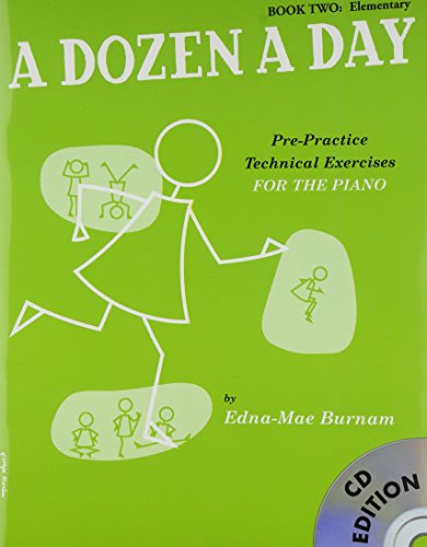 Green piano exercise book "A Dozen A Day," with stick figure illustrations.