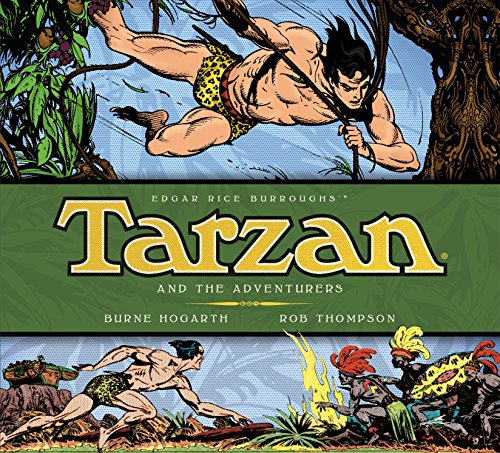 Tarzan swinging from a vine, book cover with action scenes below.