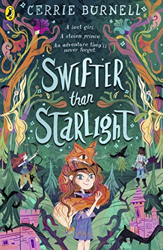 Book cover with illustrated forest scene, girl with fox, and castle.