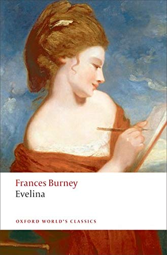 Book cover: portrait of a woman writing with red text “Evelina”.